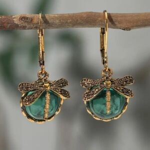 Cabochon Emerald Green and Brass Dragonfly Earrings